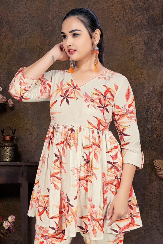 Cream Floral Printed Silk Blend Co-Ord Set with V-Neck Top & Trousers