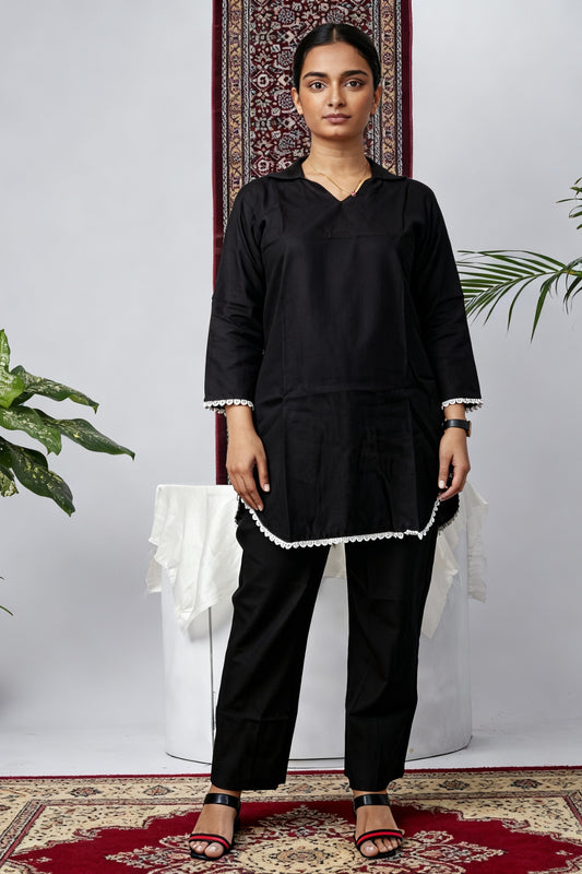 Black Viscose Rayon Self Design Co-Ord Set with Lace Detailing