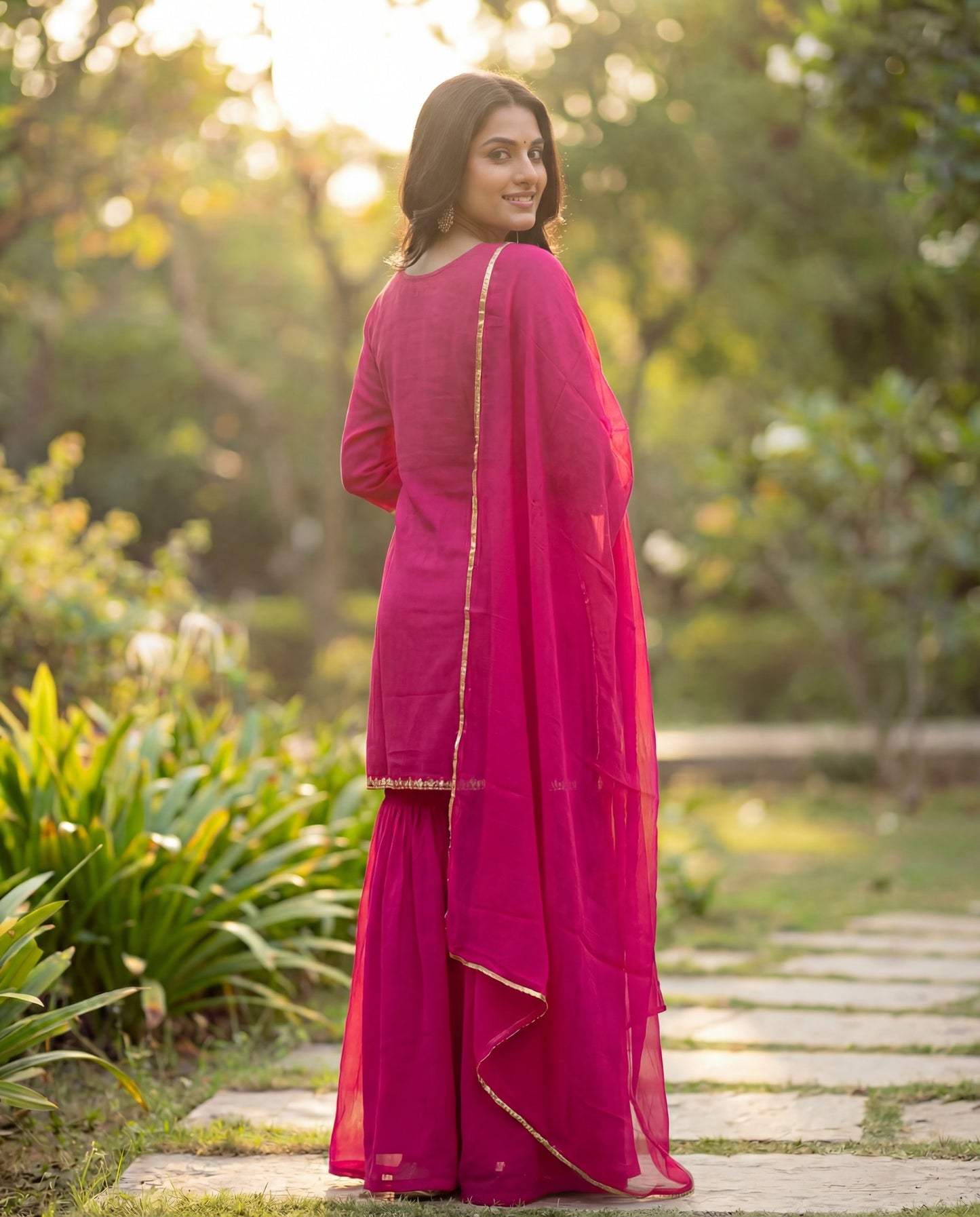 Rani Pink Pure Silk Kurta Set with Embroidered Floral Yoke & Chiffon Dupatta