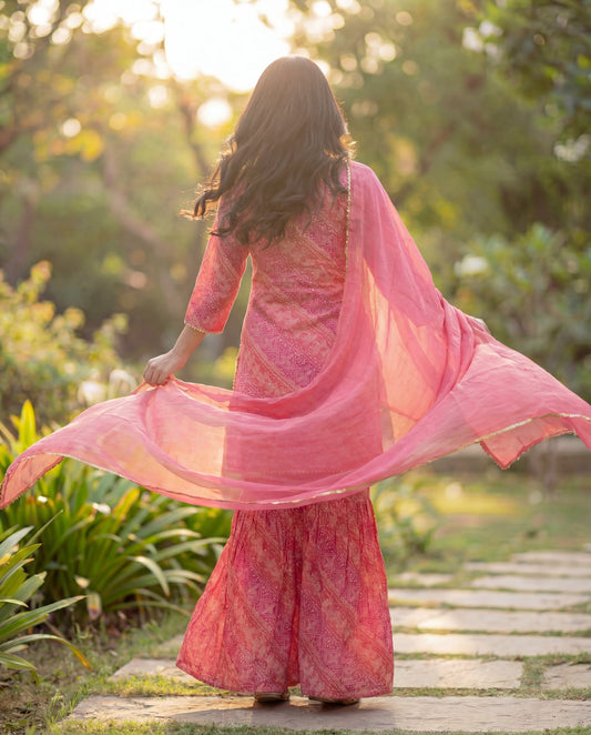 Pink Viscose Rayon Kurta Set with Self-Design Print & Sharara with Chiffon Dupatta