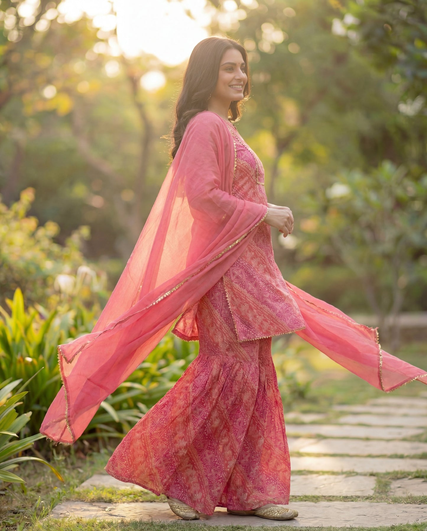 Pink Viscose Rayon Kurta Set with Self-Design Print & Sharara with Chiffon Dupatta