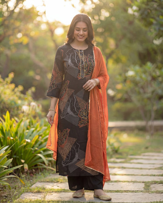 Stylish Black Viscose Rayon Kurta Set with Abstract Print & Orange Chiffon Dupatta