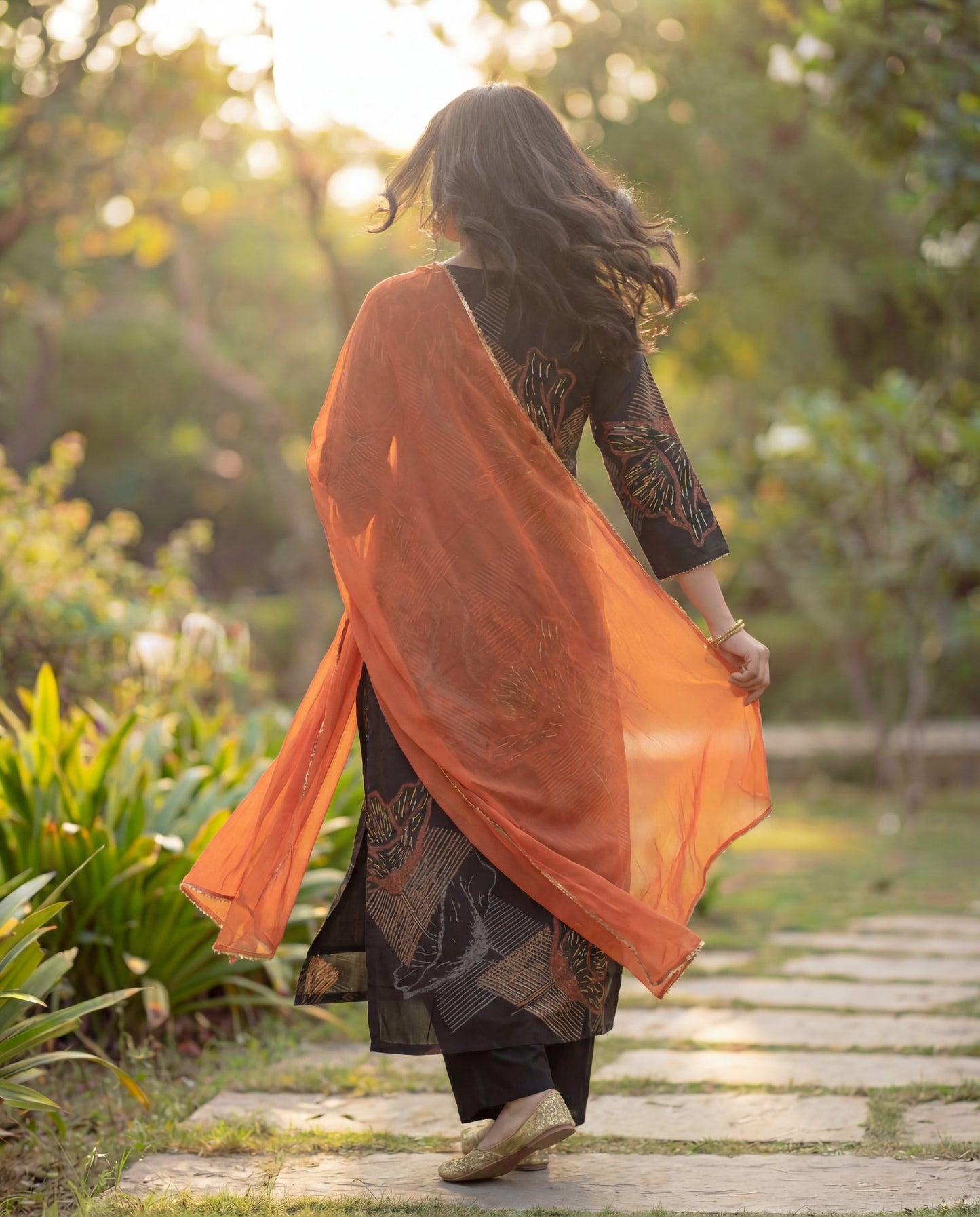 Stylish Black Viscose Rayon Kurta Set with Abstract Print & Orange Chiffon Dupatta