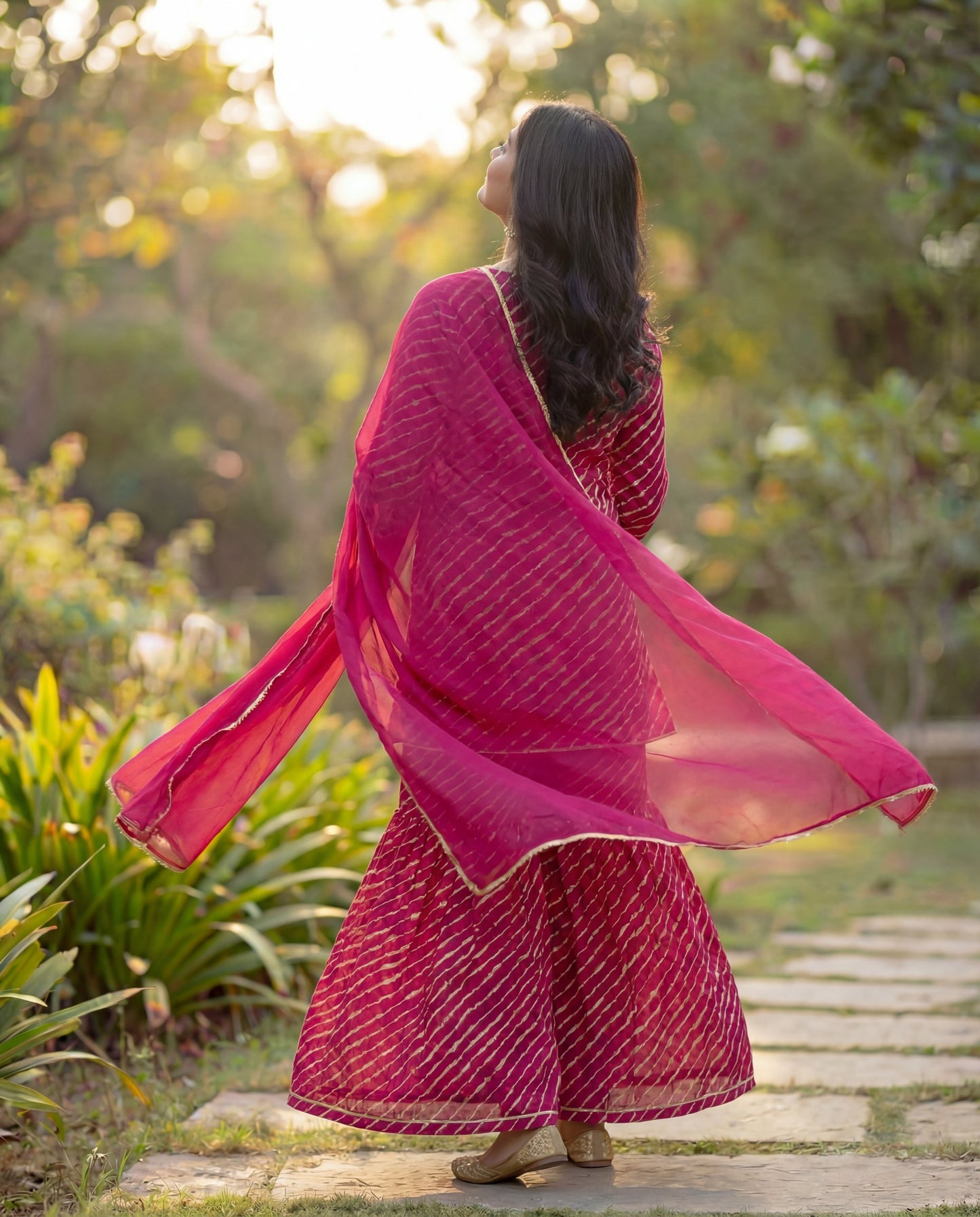 Maroon Viscose Rayon Kurta Sharara Set with Leheriya Print & Chiffon Dupatta