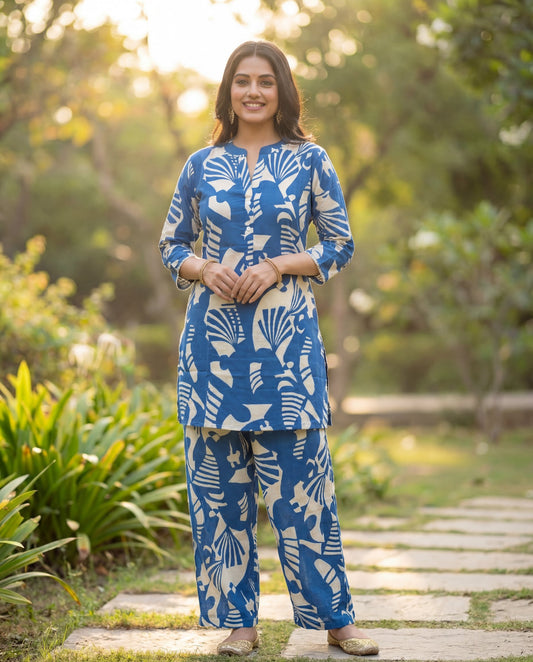 Indigo Blue Pure Cotton Co-Ord Set with Abstract Leaf Print