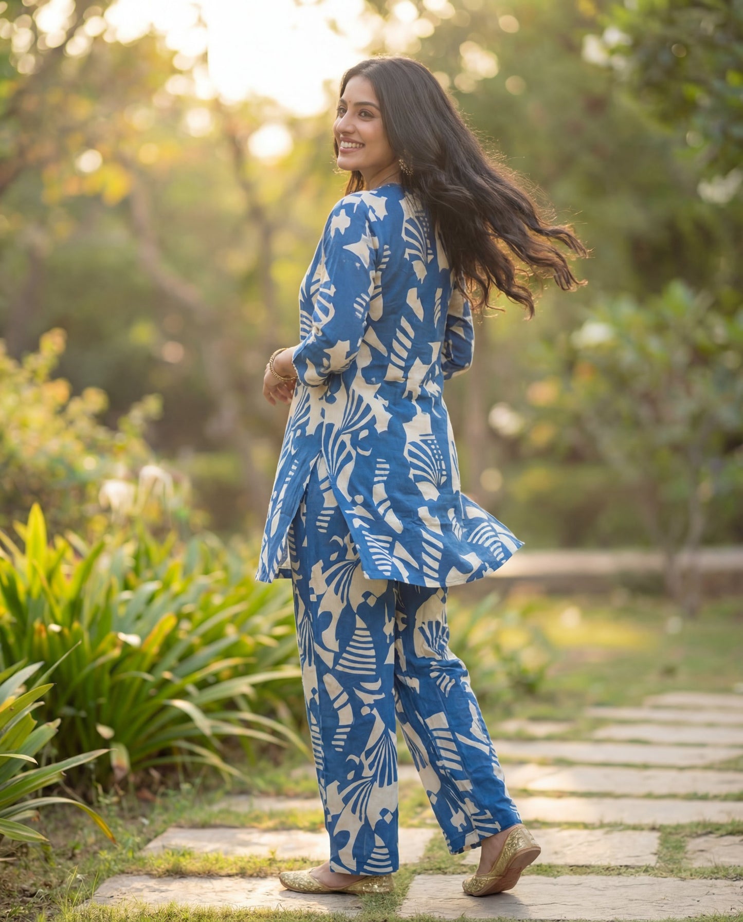 Indigo Blue Pure Cotton Co-Ord Set with Abstract Leaf Print