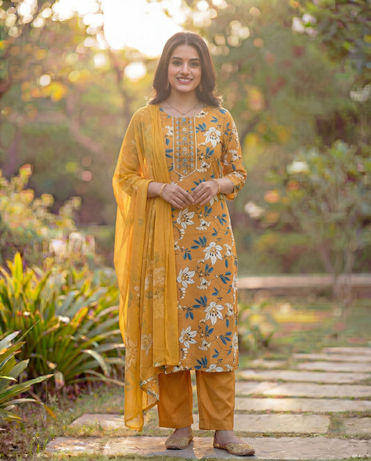 Mustard Viscose Rayon Kurta Set with Floral Print & Embroidered Neck Panel