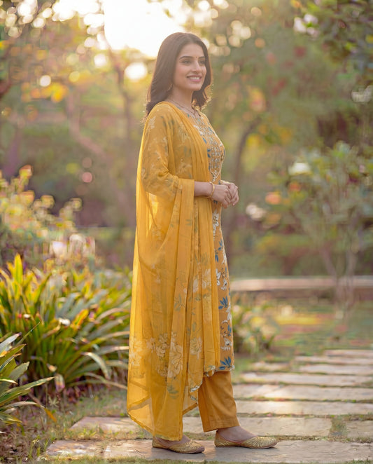 Mustard Viscose Rayon Kurta Set with Floral Print & Embroidered Neck Panel