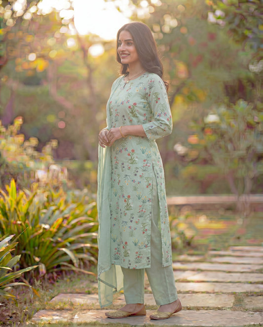 Mint Green Viscose Rayon Kurta Set with Floral Print & Keyhole Neck
