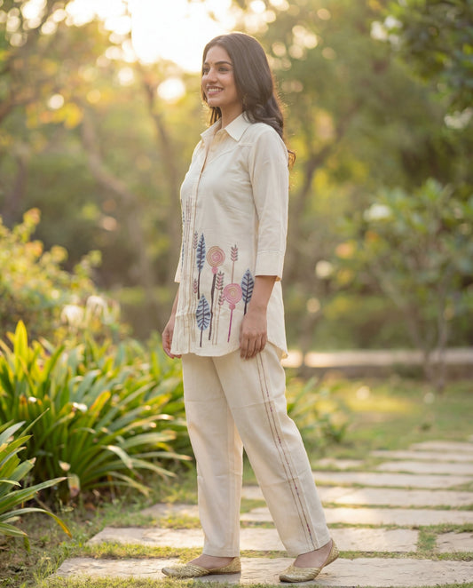 Off-White Pure Cotton Co-Ord Set with Leaf Motif Print