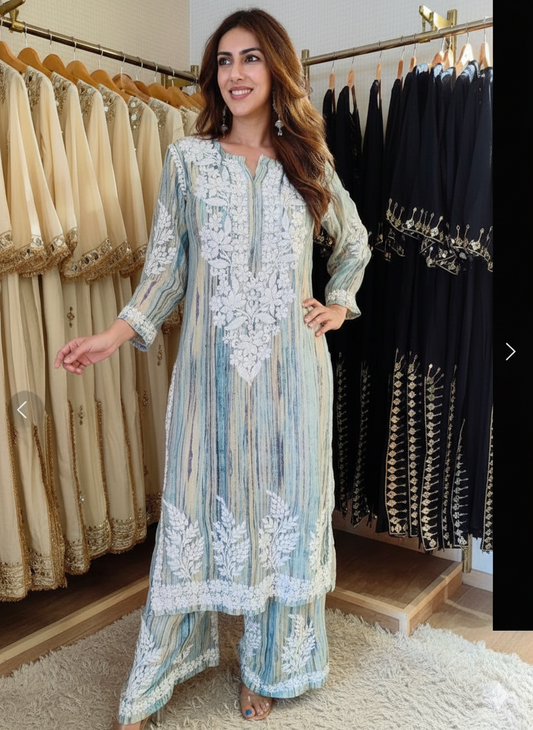 Sea Green Embroidered Rayon Kurta Plazzo Set