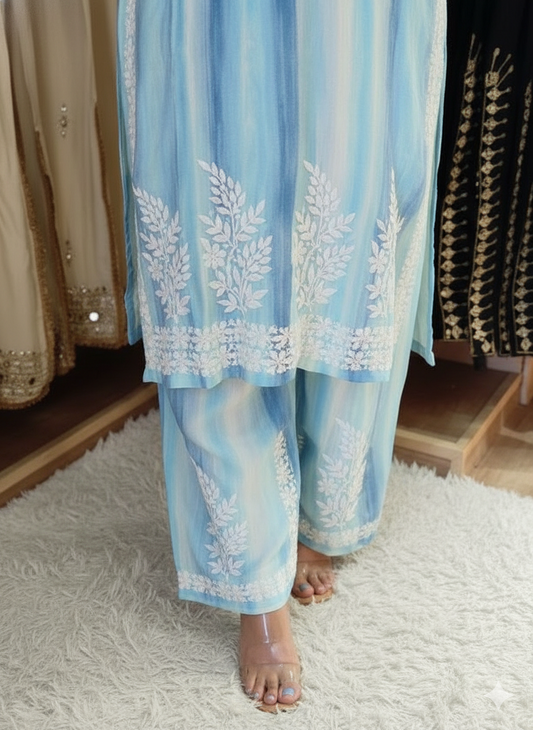 Sky Blue Embroidered Rayon Kurta Plazzo Set