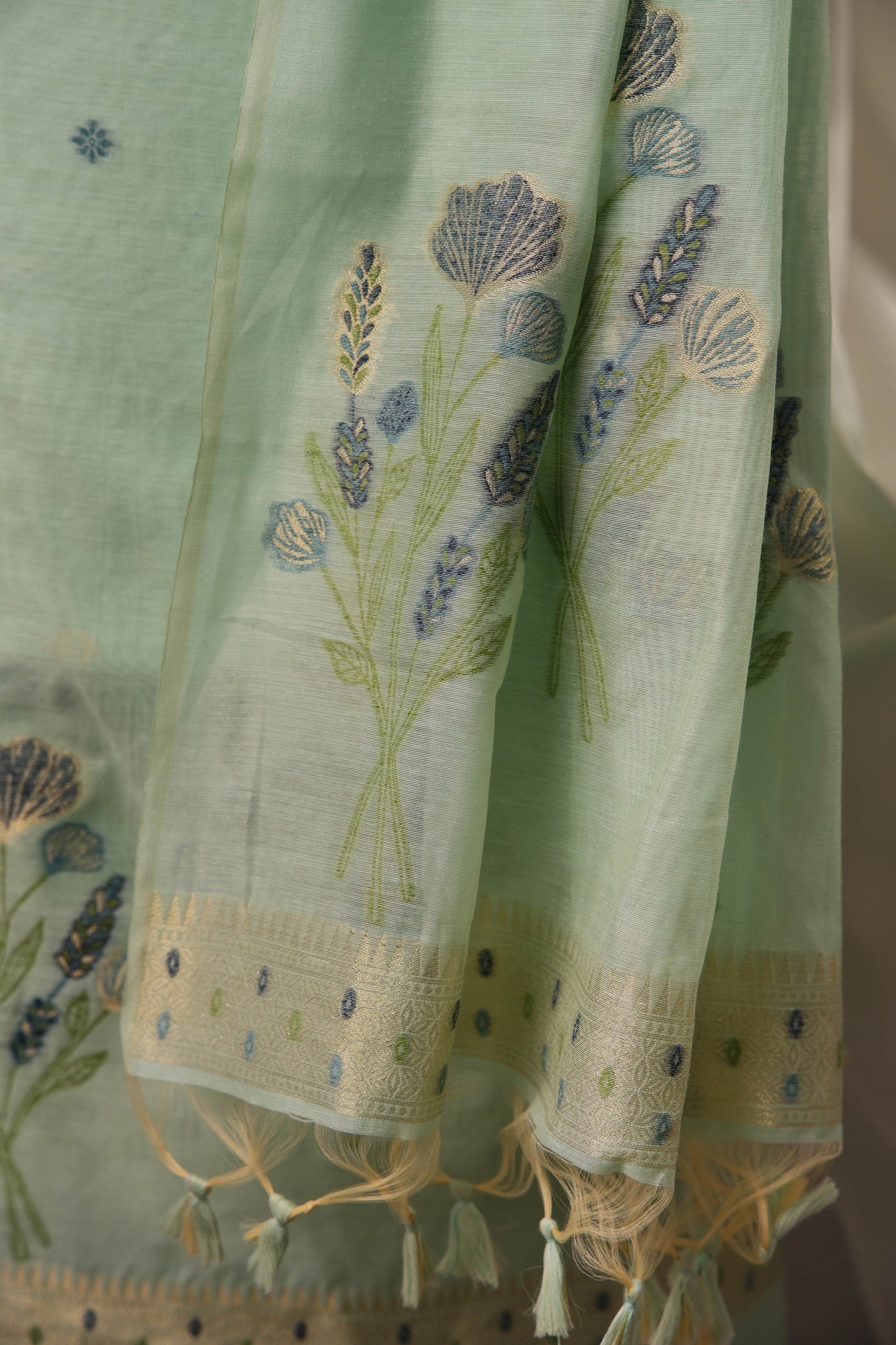 Botanical Floral Sky Blue Muga Cotton Unstitched Suit Set