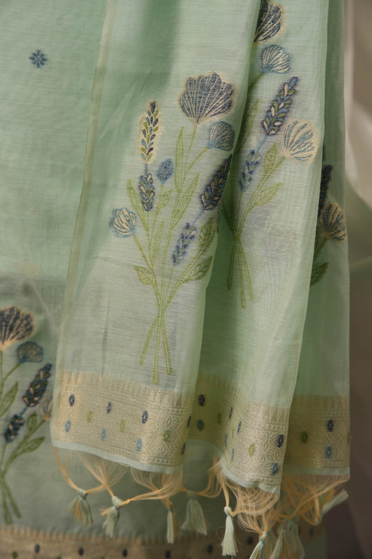 Botanical Floral Sky Blue Muga Cotton Unstitched Suit Set