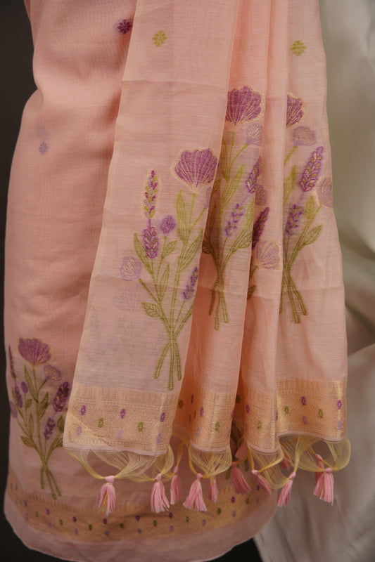 Botanical Floral Soft Pink Muga Cotton Unstitched Suit Set