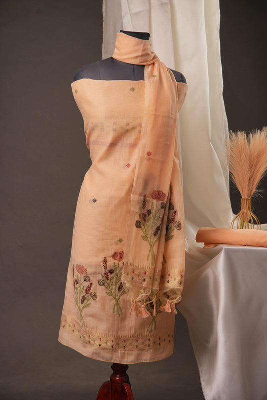 Botanical Floral Peach Blossom Muga Cotton Unstitched Suit Set