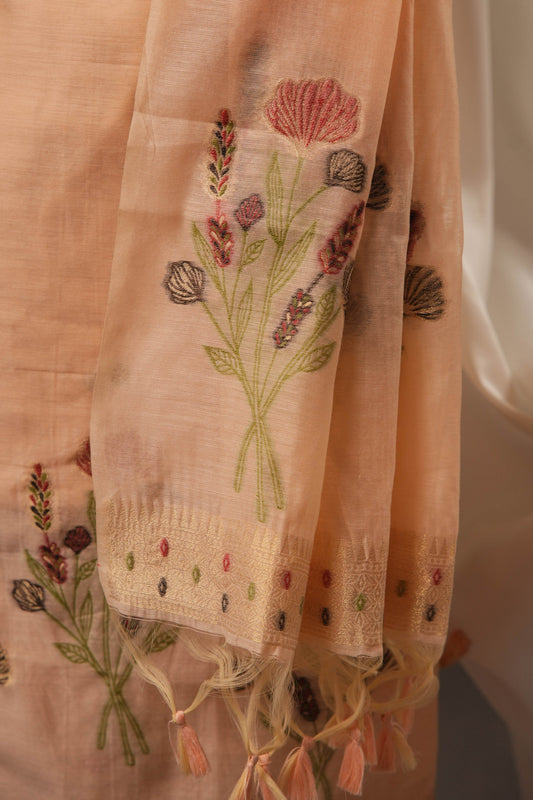 Botanical Floral Peach Blossom Muga Cotton Unstitched Suit Set