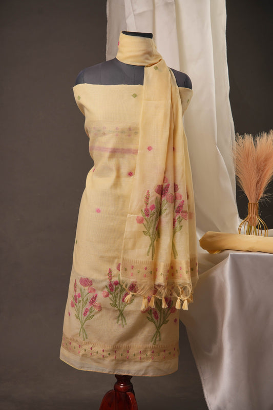 Botanical Floral Yellow Muga Cotton Unstitched Suit Set