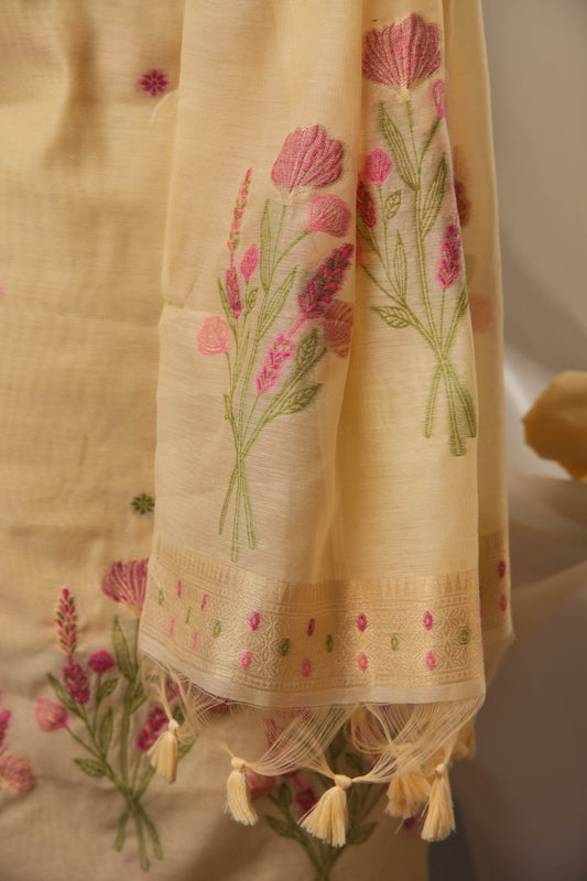 Botanical Floral Yellow Muga Cotton Unstitched Suit Set