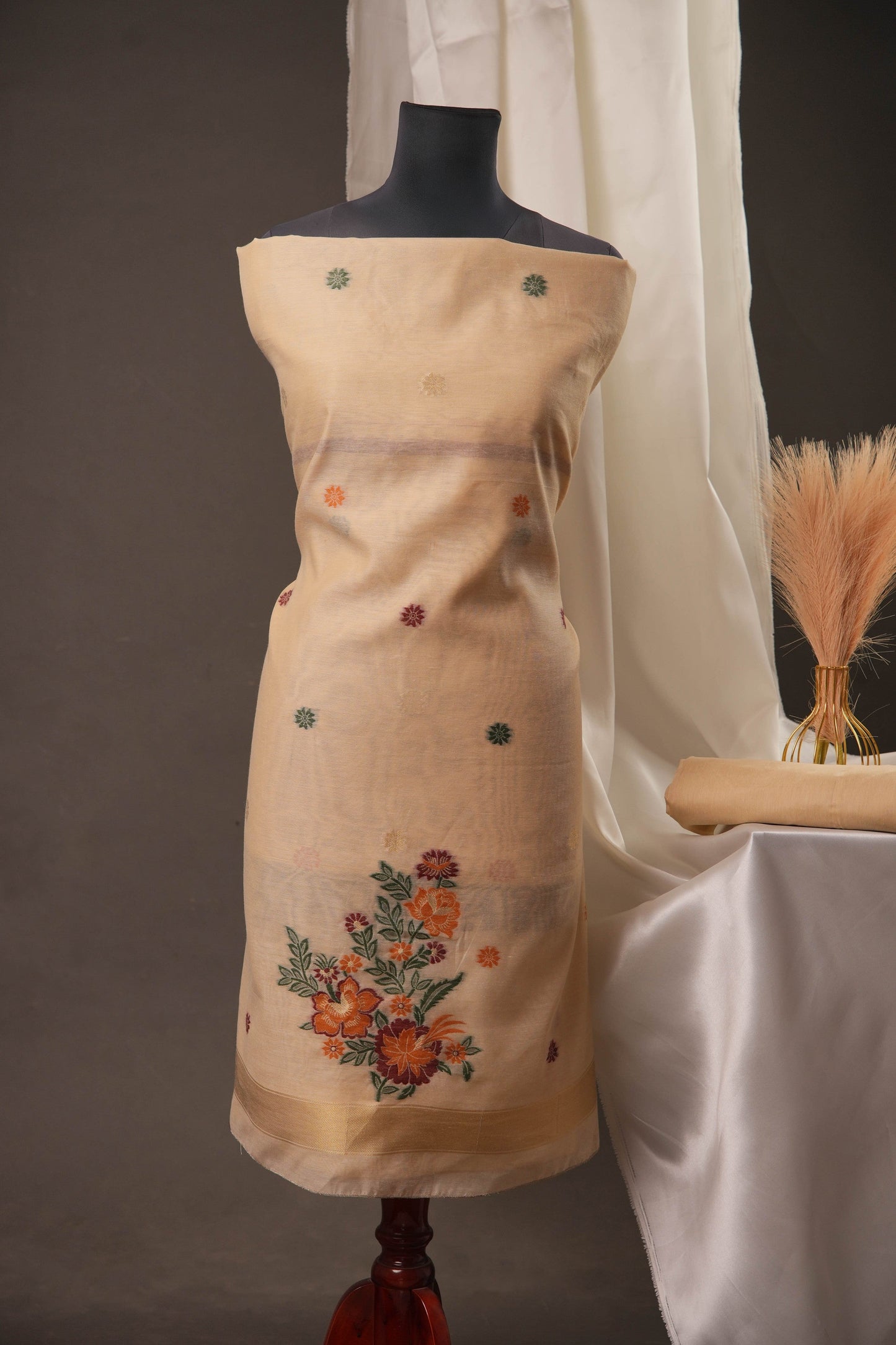 Floral Buti Beige Muga Cotton Unstitched Suit Set