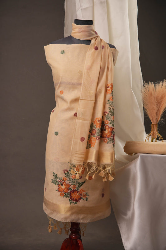 Floral Buti Beige Muga Cotton Unstitched Suit Set