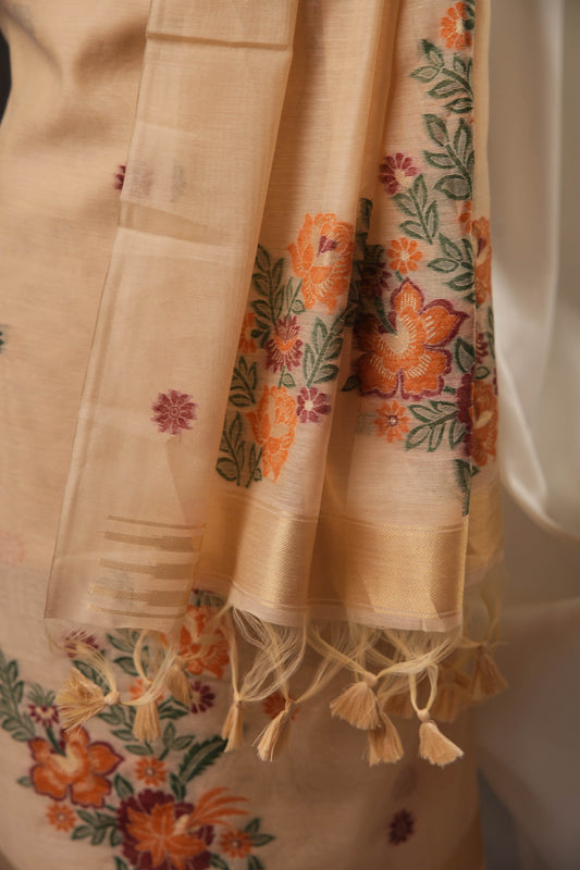 Floral Buti Beige Muga Cotton Unstitched Suit Set