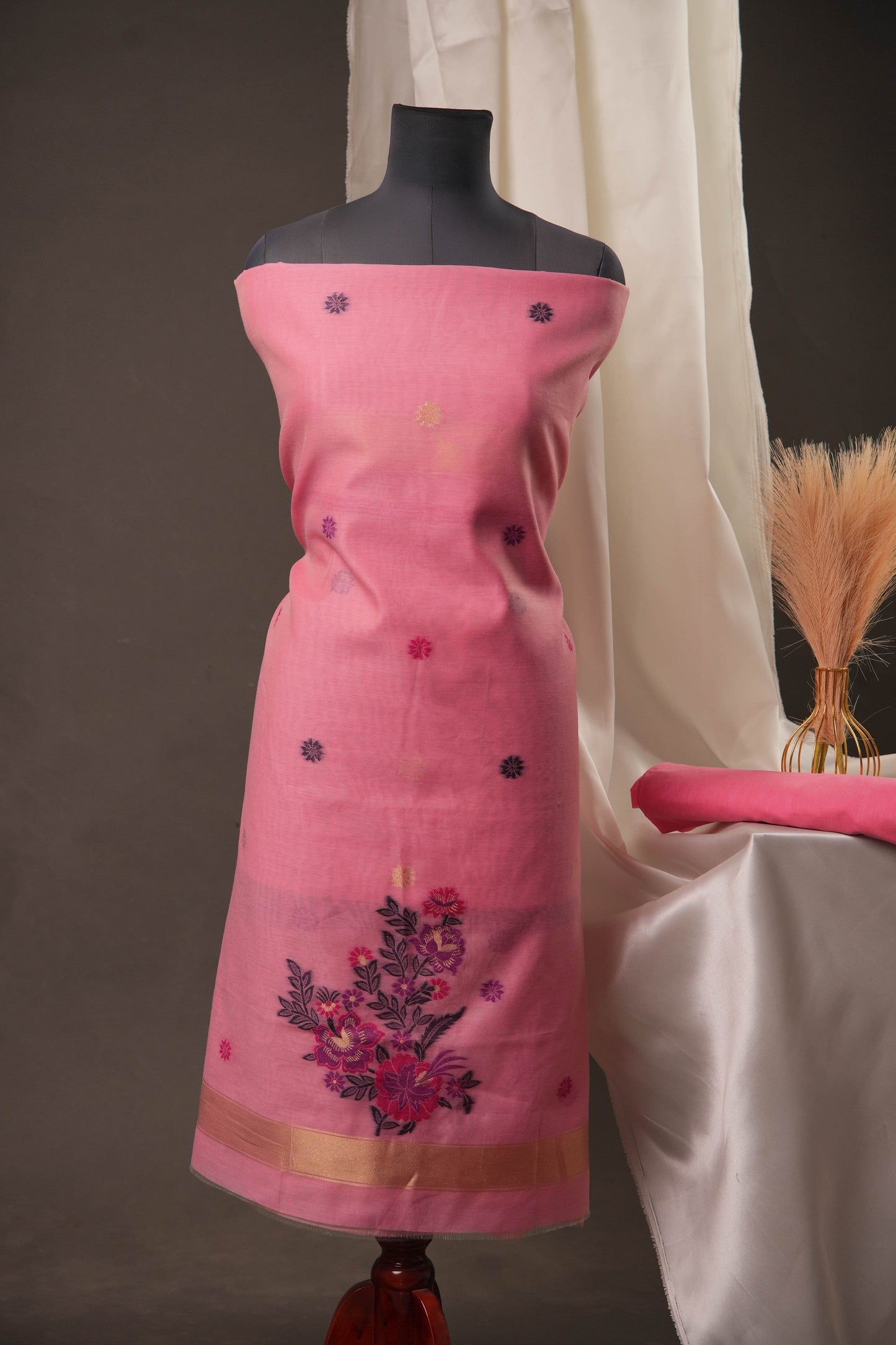 Floral Buti Pink Muga Cotton Unstitched Suit Set