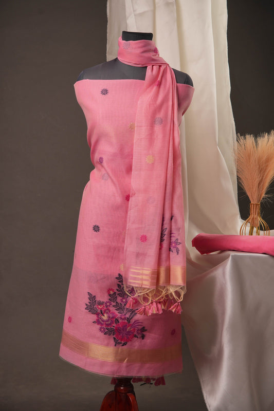 Floral Buti Pink Muga Cotton Unstitched Suit Set