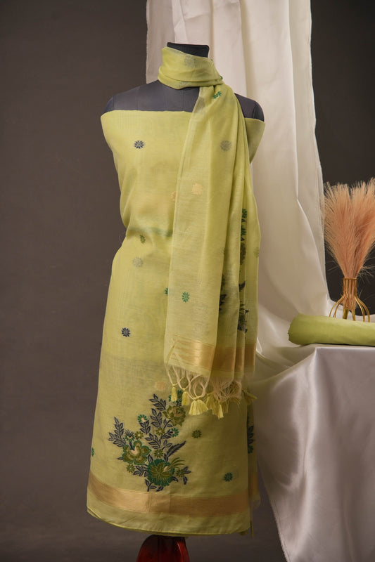 Floral Buti Pista Green Muga Cotton Unstitched Suit Set