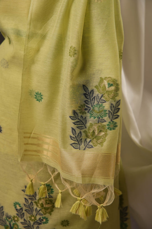 Floral Buti Pista Green Muga Cotton Unstitched Suit Set