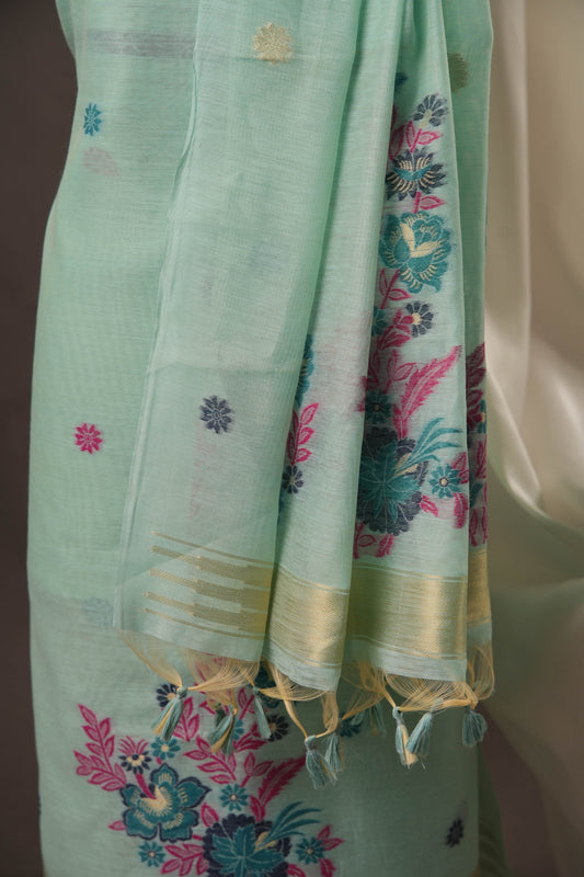 Floral Buti Sky Blue Muga Cotton Unstitched Suit Set