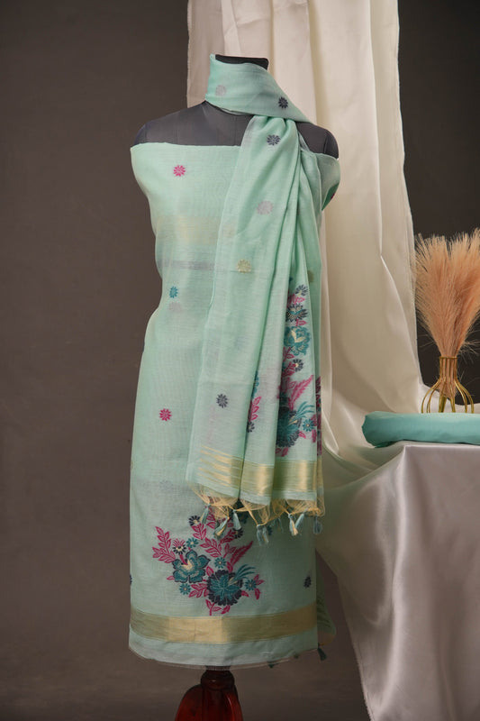 Floral Buti Sky Blue Muga Cotton Unstitched Suit Set