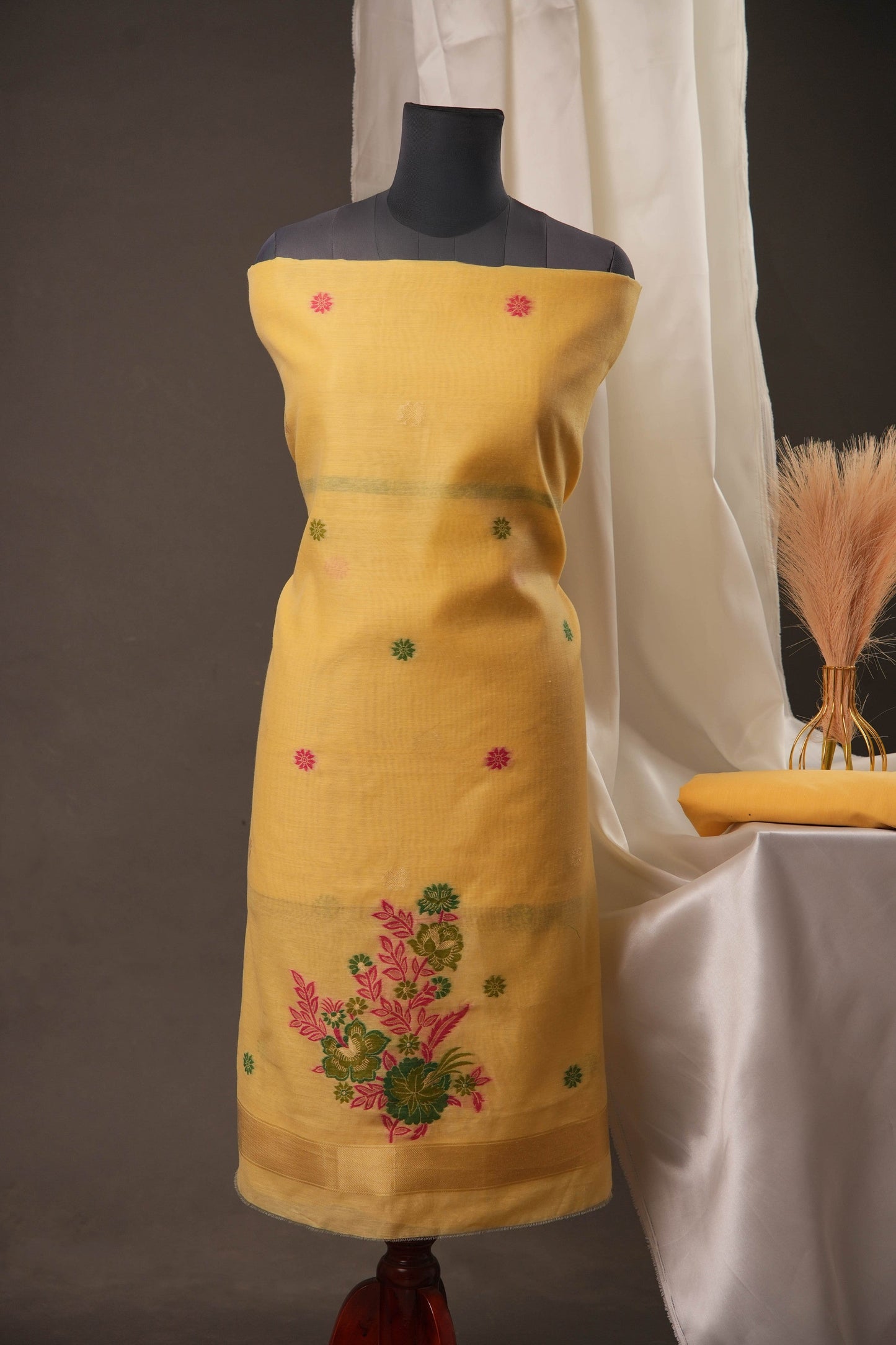 Floral Buti Sunshine Yellow Muga Cotton Unstitched Suit Set