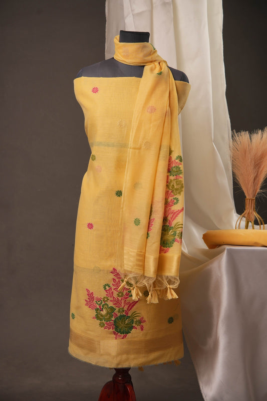 Floral Buti Sunshine Yellow Muga Cotton Unstitched Suit Set