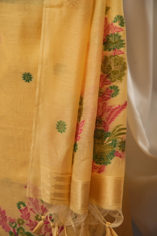 Floral Buti Sunshine Yellow Muga Cotton Unstitched Suit Set