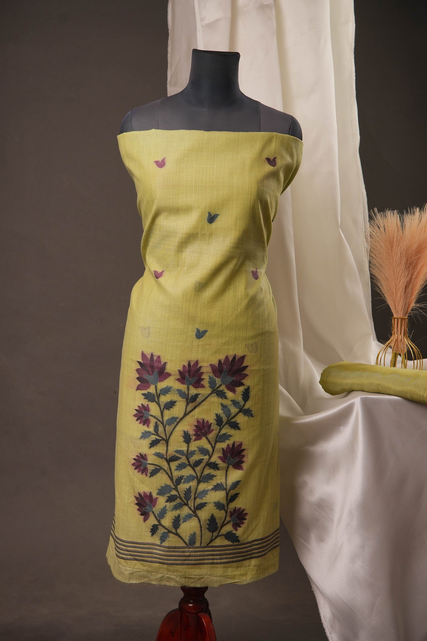 Creeper Floral Pista Green Minakari Work Unstitched Soft Cotton Suit Set