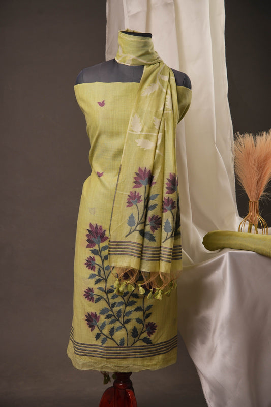 Creeper Floral Pista Green Minakari Work Unstitched Soft Cotton Suit Set