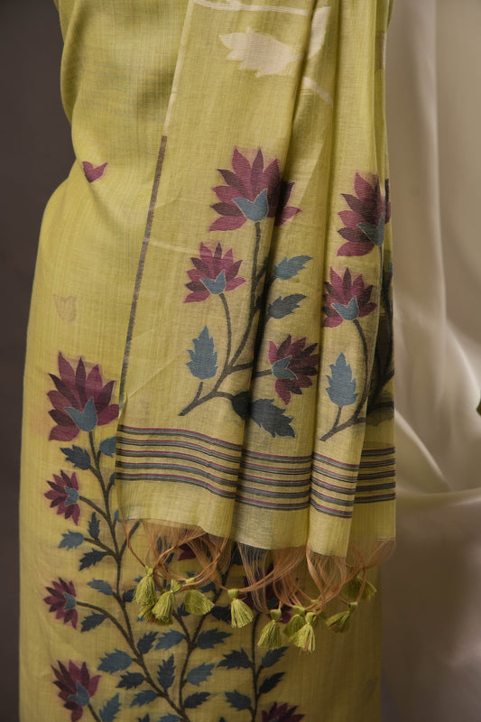 Creeper Floral Pista Green Minakari Work Unstitched Soft Cotton Suit Set