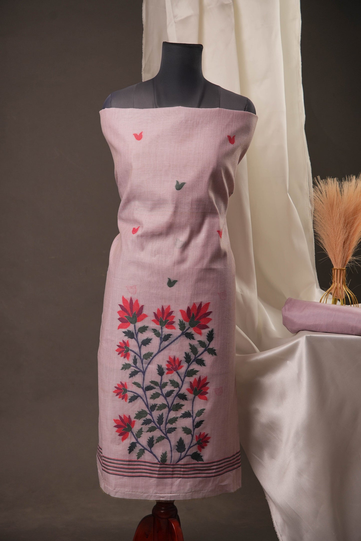 Creeper Floral Lavender Minakari Work Unstitched Soft Cotton Suit Set