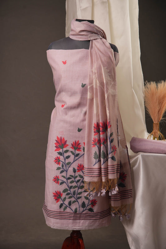 Creeper Floral Lavender Minakari Work Unstitched Soft Cotton Suit Set