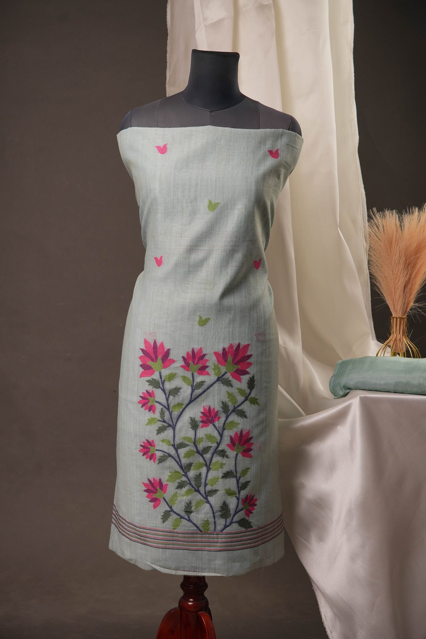 Creeper Floral Sky Blue Minakari Work Unstitched Soft Cotton Suit Set