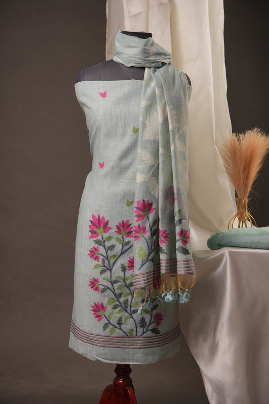 Creeper Floral Sky Blue Minakari Work Unstitched Soft Cotton Suit Set