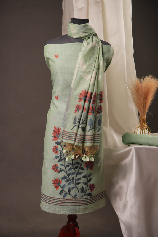 Creeper Floral Sea Green Minakari Work Unstitched Soft Cotton Suit Set