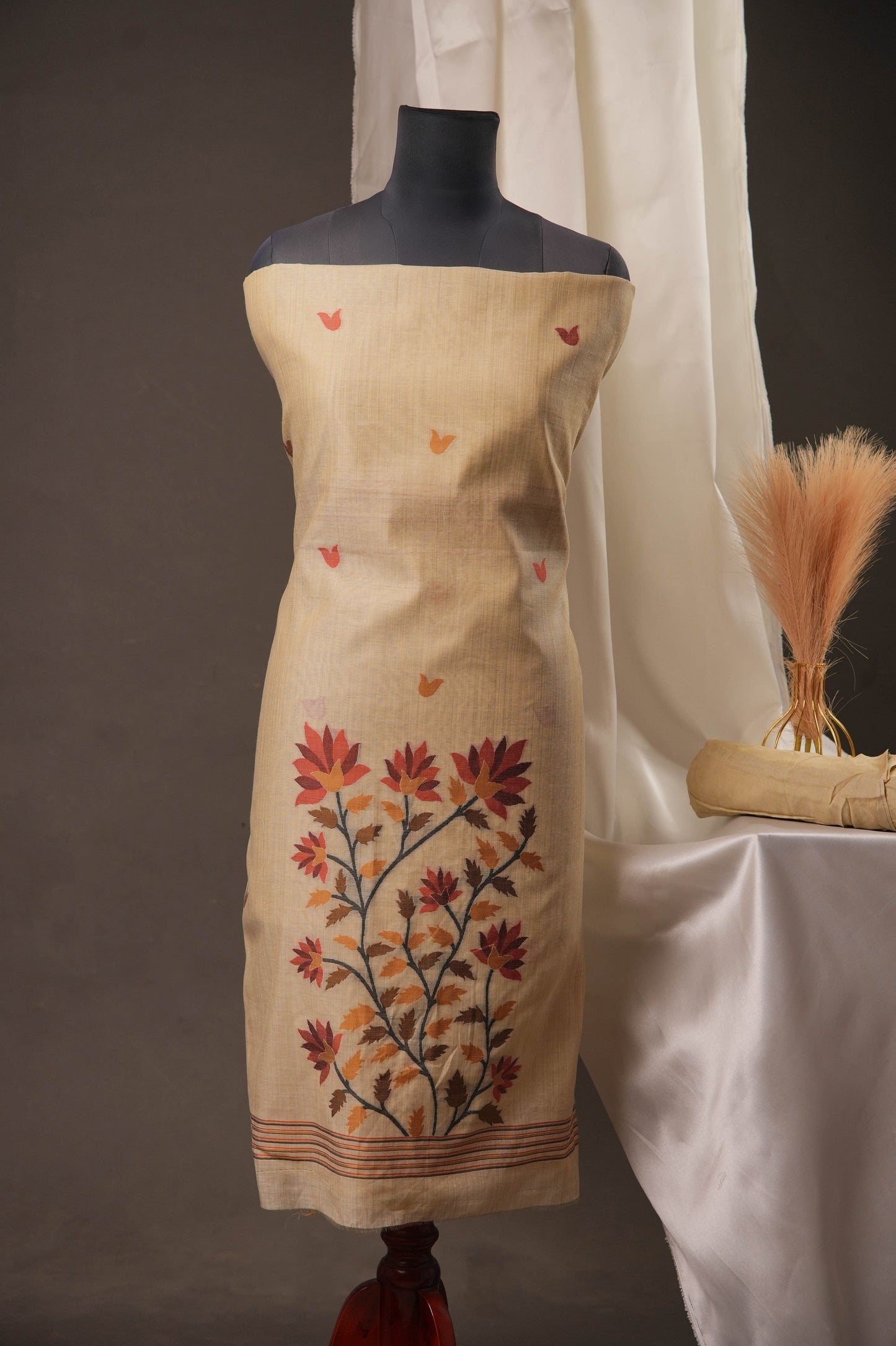 Creeper Floral Beige Minakari Work Unstitched Soft Cotton Suit Set
