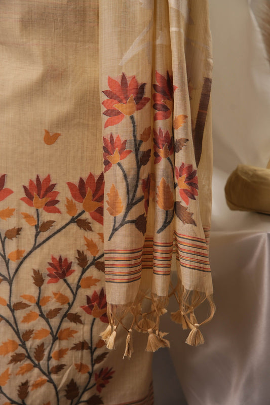 Creeper Floral Beige Minakari Work Unstitched Soft Cotton Suit Set