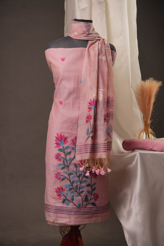 Creeper Floral Blush Pink Minakari Work Unstitched Soft Cotton Suit Set