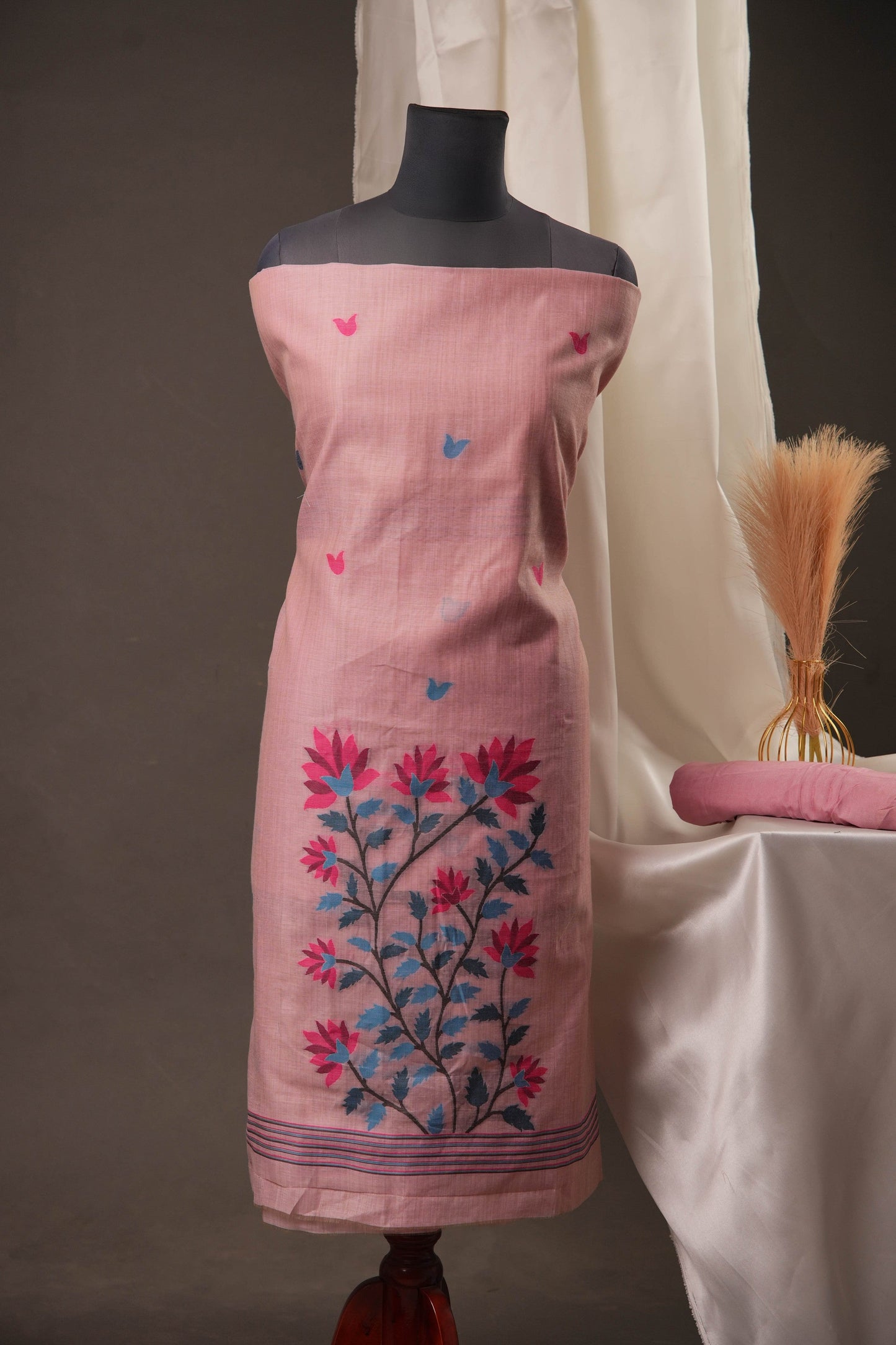 Creeper Floral Blush Pink Minakari Work Unstitched Soft Cotton Suit Set
