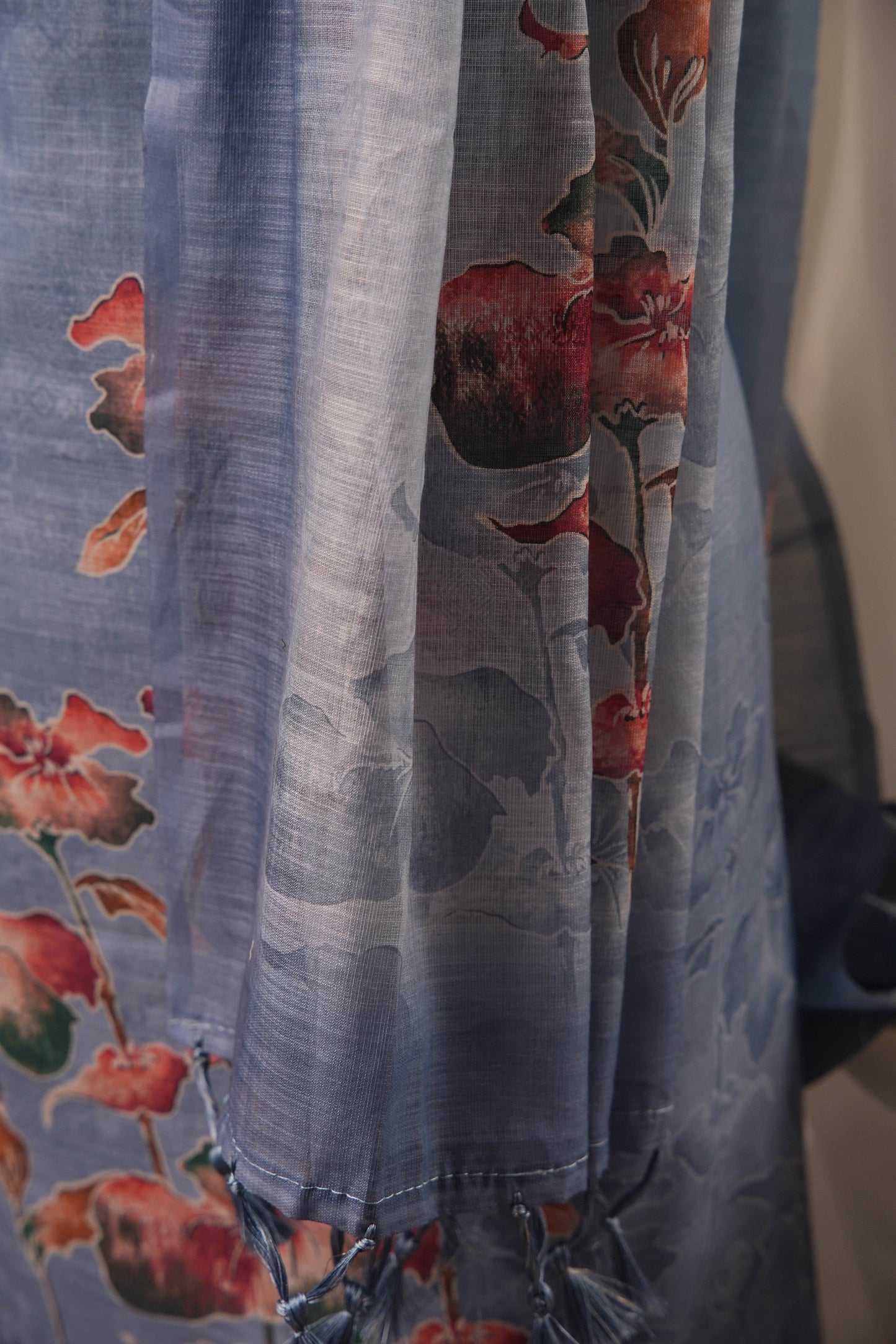 Poppy Floral Smoky Blue Unstitched Suit with Vibrant Floral Print and Tassel Detailed Dupatta
