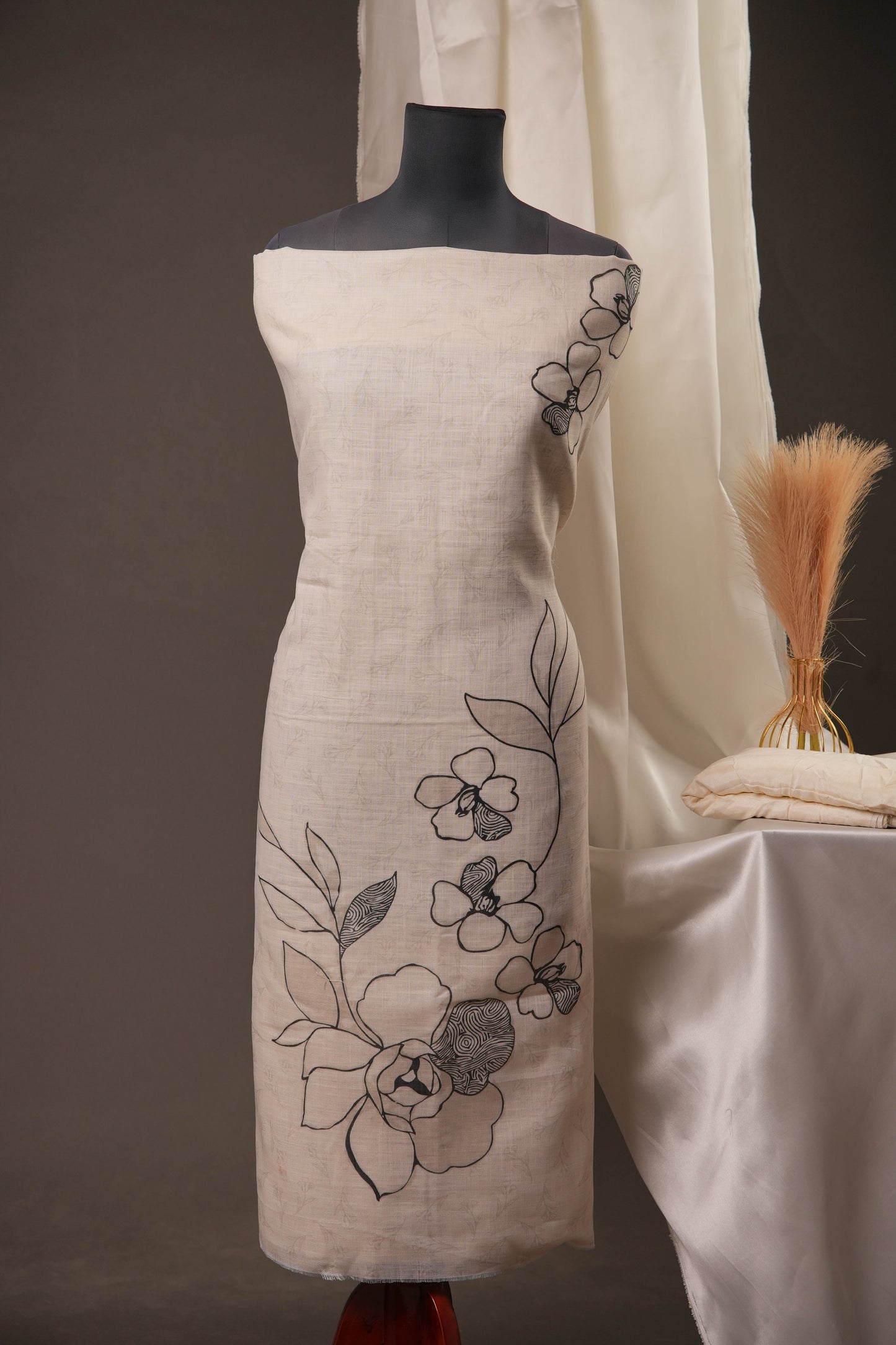 Outline Floral Off-White Unstitched Suit with Black Floral Print and Tassel Dupatta