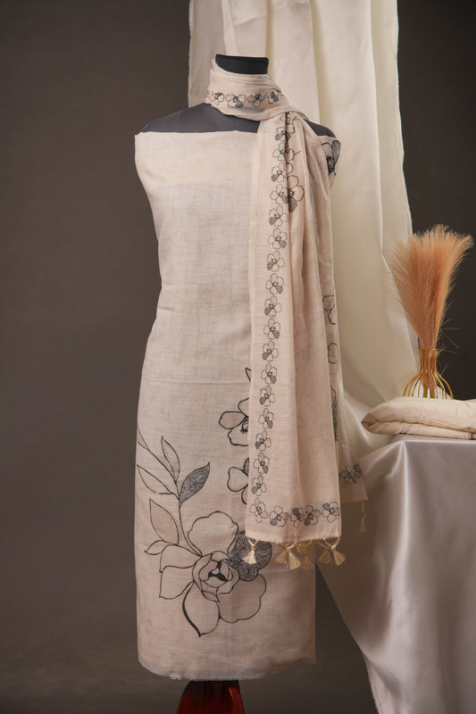 Outline Floral Off-White Unstitched Suit with Black Floral Print and Tassel Dupatta